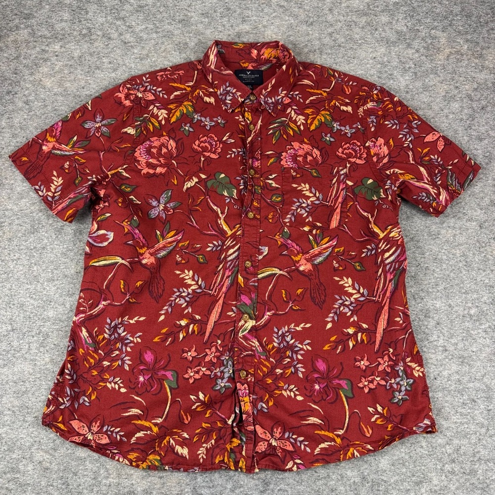 American Eagle Button Up Shirt Classic Fit Floral Pocket Red Mens Large L